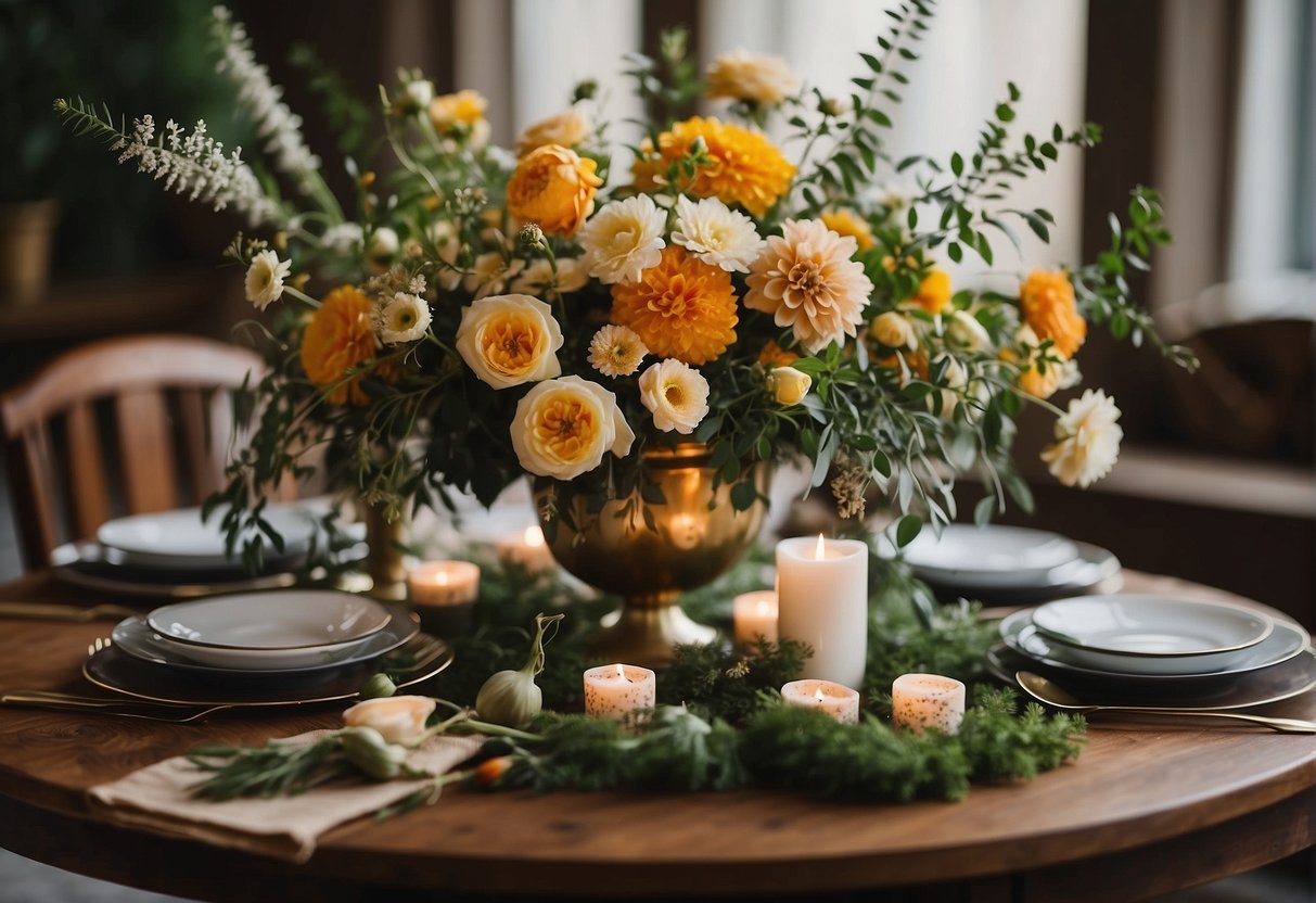 A table with various floral elements: flowers, foliage, and accessories arranged for a floral design demonstration