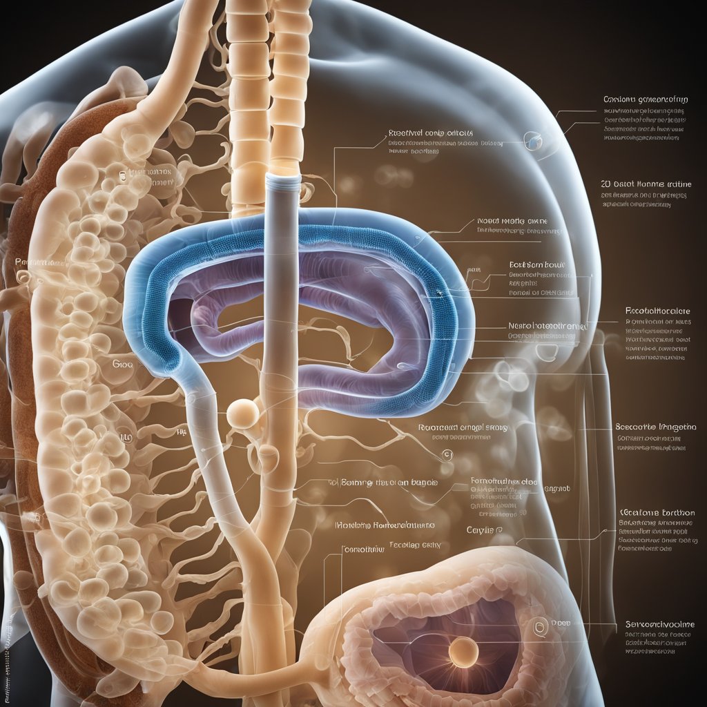 A clear, labeled diagram showing the digestive system with a focus on the stomach and intestines. Gas bubbles are shown being released and a list of tips for reducing nighttime gas is included