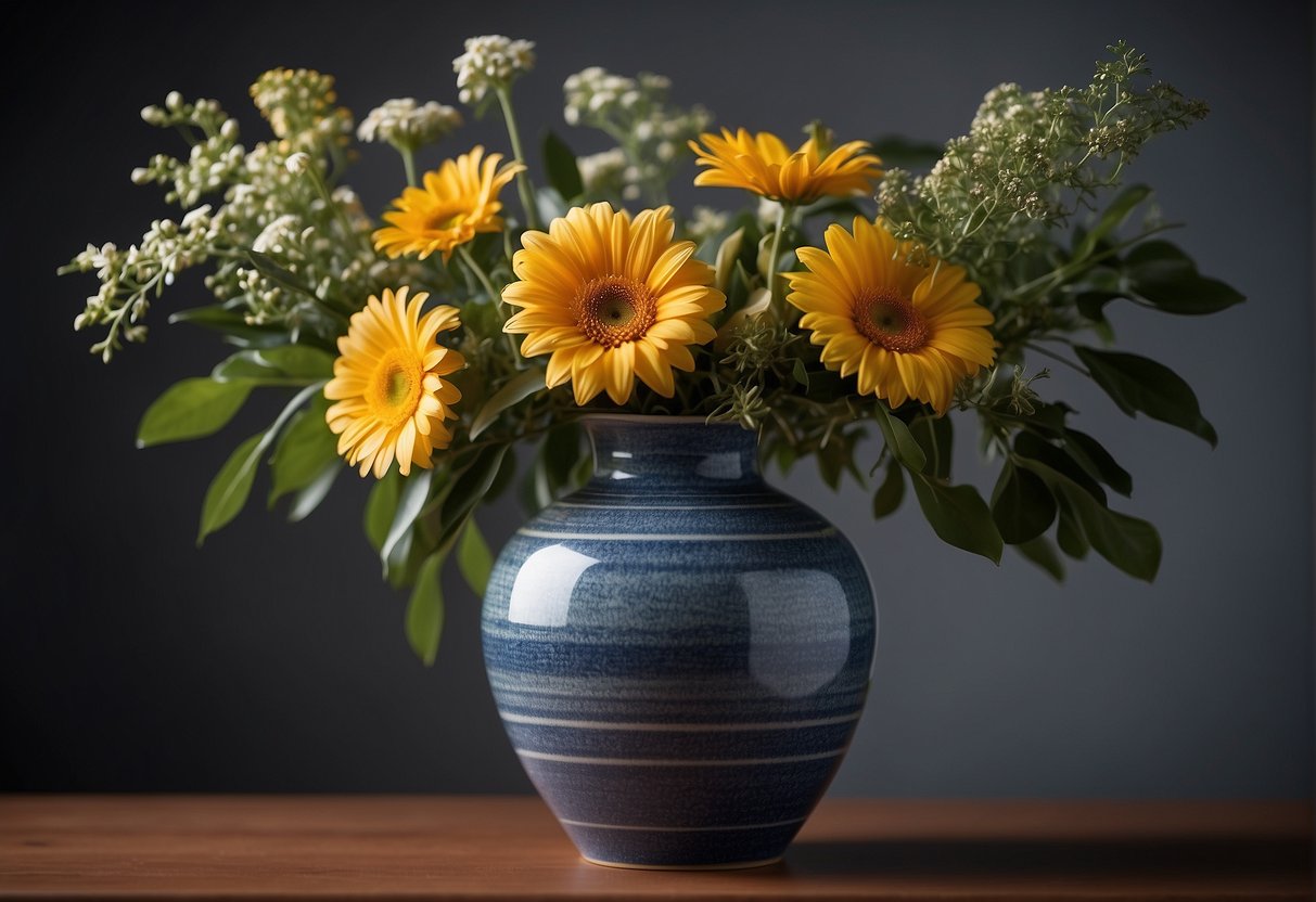 A vase holds a balanced arrangement of flowers, foliage, and branches, showcasing the four elements of floral design: line, form, space, and texture