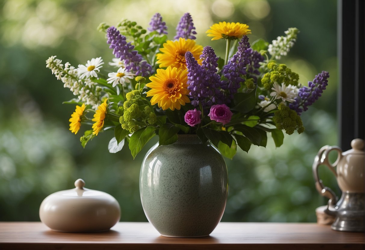 A vase filled with a variety of fresh flowers arranged in a balanced and harmonious manner, with a backdrop of green foliage and natural lighting