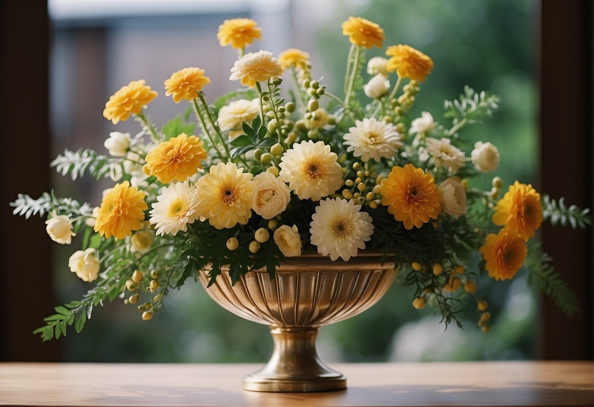 A floral arrangement with balance, proportion, scale, and rhythm. Various flowers and foliage arranged in a harmonious and visually appealing manner