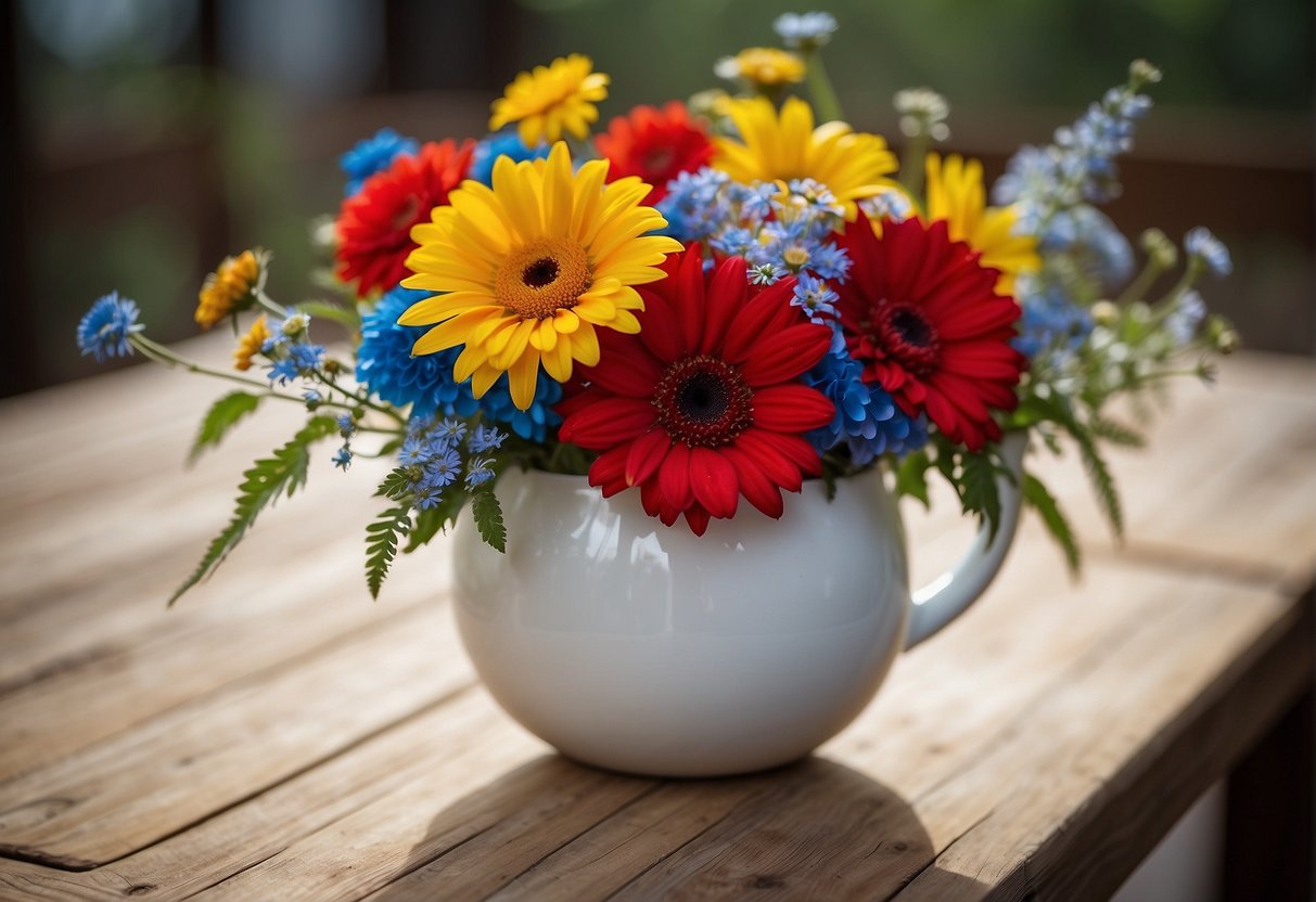 A vibrant bouquet of red, yellow, and blue flowers arranged in a white vase on a wooden table