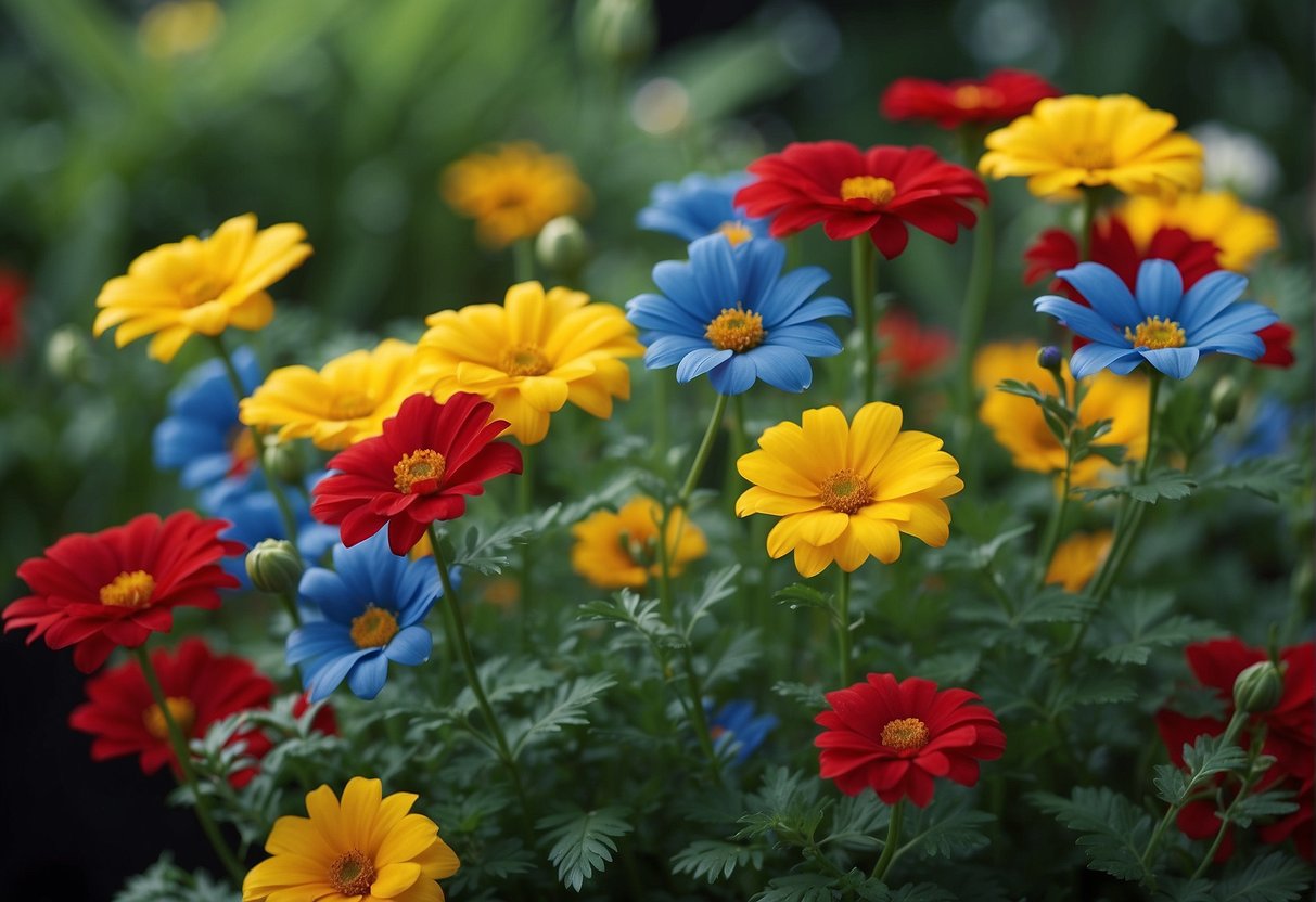 Vibrant red, yellow, and blue flowers arranged in a harmonious display. Green leaves and stems complement the primary colors, creating a balanced and visually appealing floral design