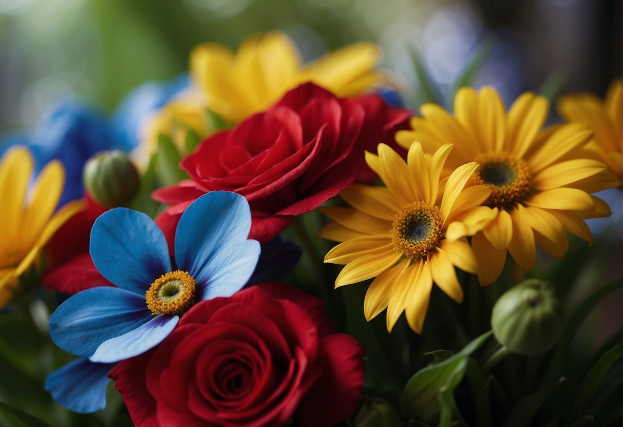 Vibrant red, yellow, and blue flowers arranged in a bouquet, with green leaves and stems. The colors create a striking and emotional impact in the floral design