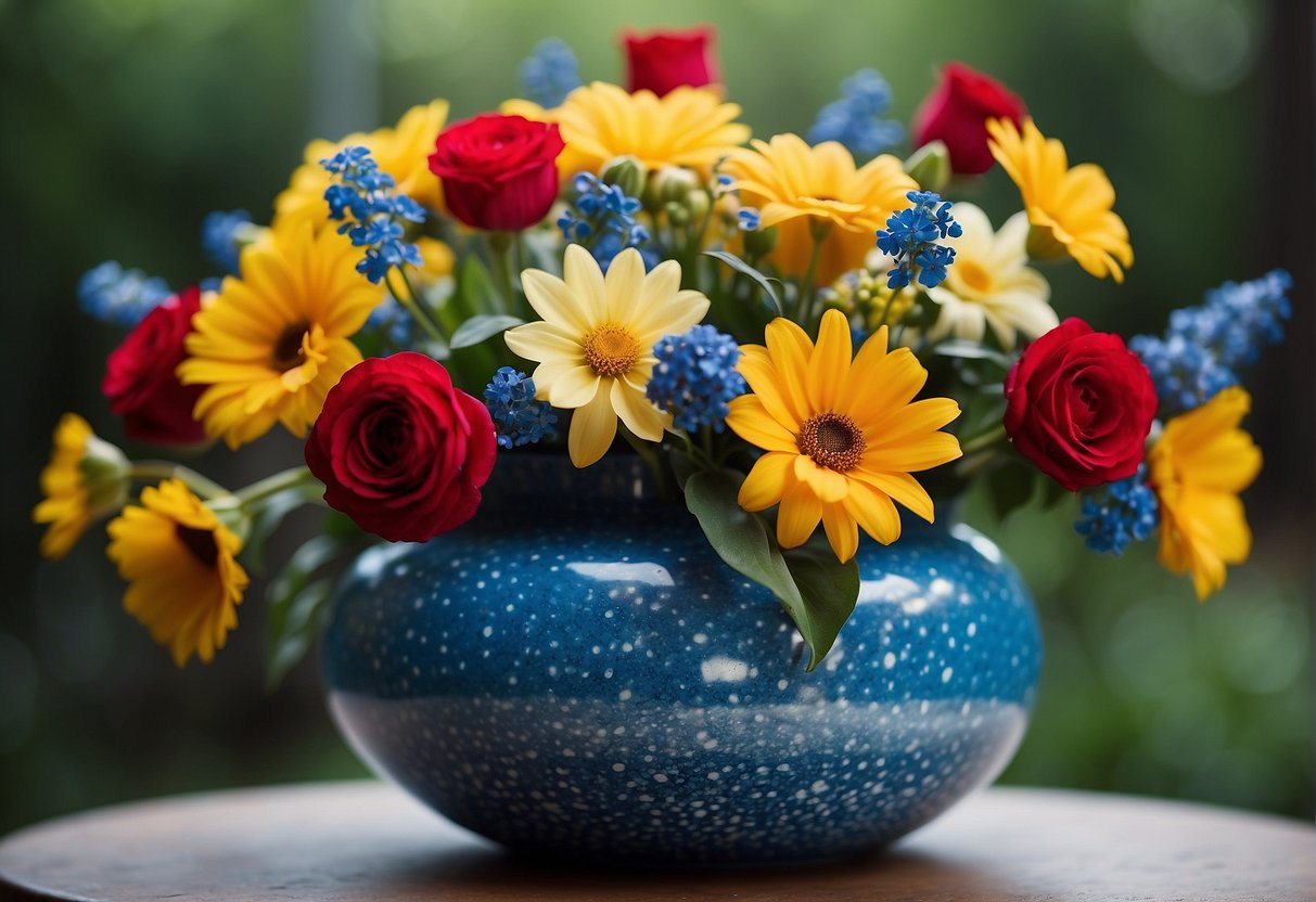 A vibrant bouquet of flowers in red, yellow, and blue arranged in a decorative vase