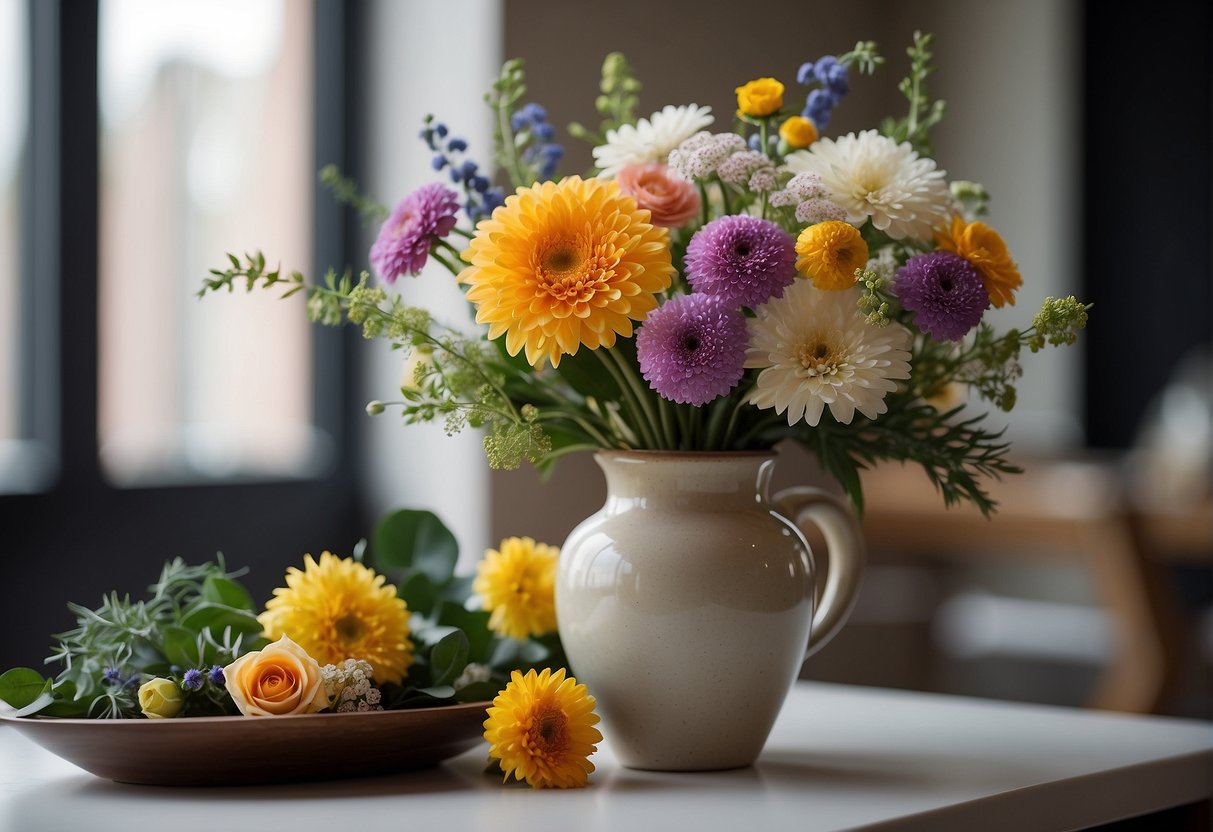 A vase of assorted flowers arranged in a balanced, asymmetrical design with varying heights, textures, and colors, creating a visually appealing composition