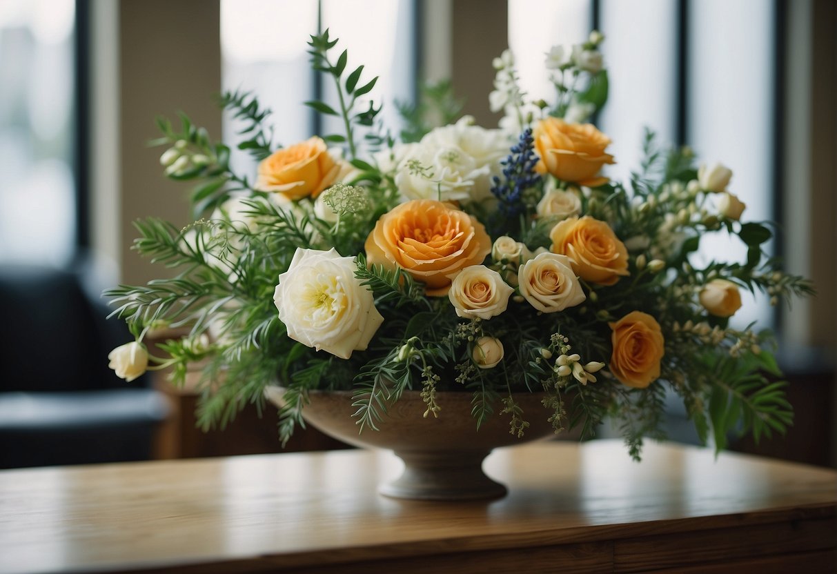 A floral arrangement with balanced proportions, contrasting colors, and emphasis on focal points. Use of rhythm and harmony in the placement of flowers and foliage