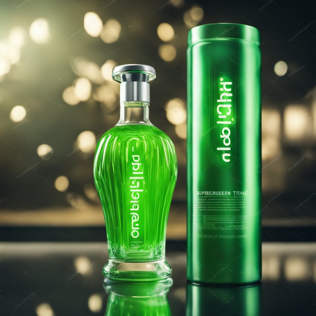 A vibrant green liquid swirls in a sleek glass bottle, emitting a radiant glow. The label reads "Supergreen Tonik" in bold, futuristic font