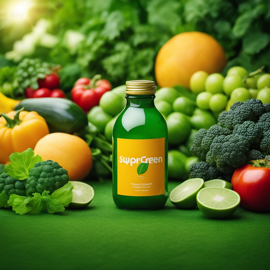 A vibrant bottle of Supergreen Tonik sits on a lush green backdrop, surrounded by an array of fresh, colorful fruits and vegetables