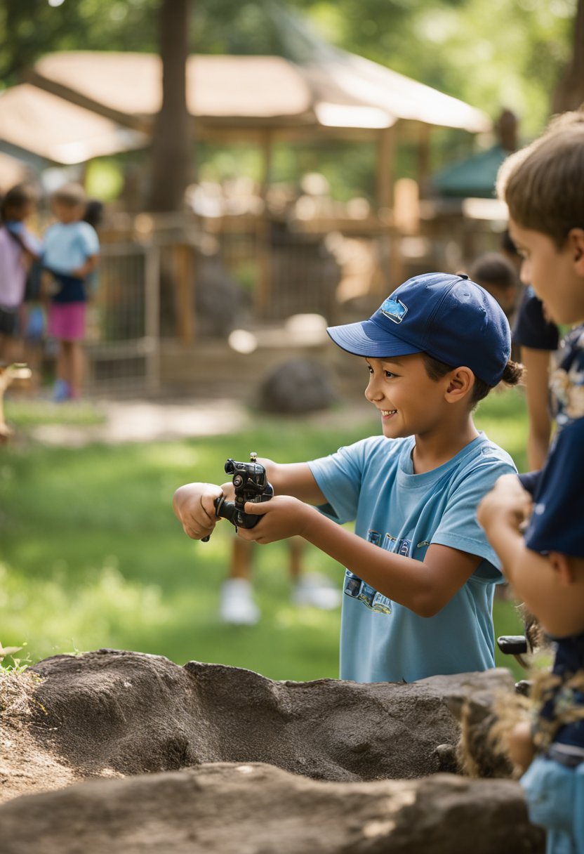Children engaged in educational activities at Cameron Park Zoo Camp, exploring animal habitats, conducting science experiments, and participating in wildlife conservation projects