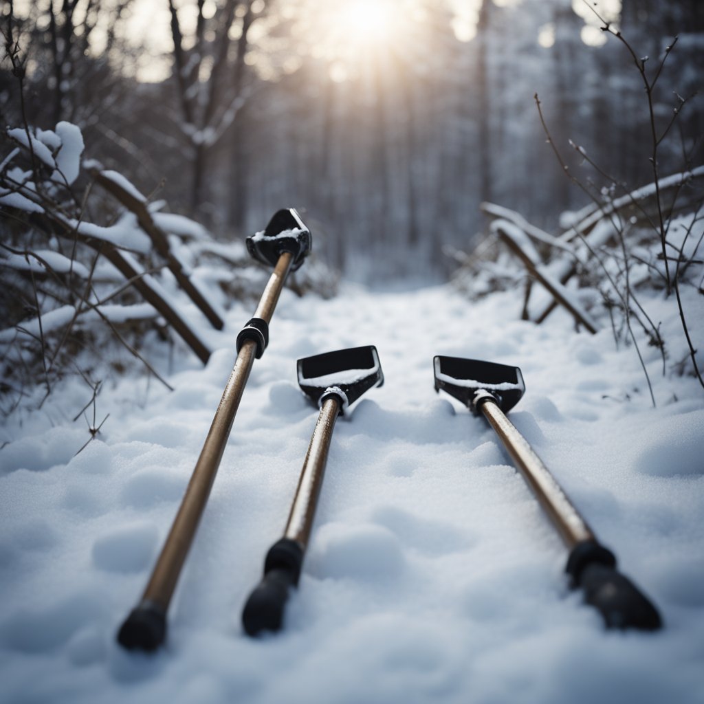 A pair of crutches lie abandoned on the ground, surrounded by footprints in the snow