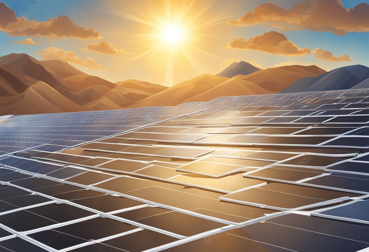 The sun shines down on the solar panels, creating a shimmering surface. The panels are sturdy and smooth
