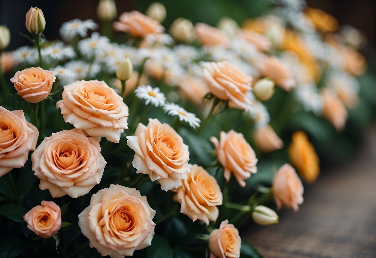 A horizontal line of roses, a vertical line of lilies, and a diagonal line of daisies in a floral arrangement