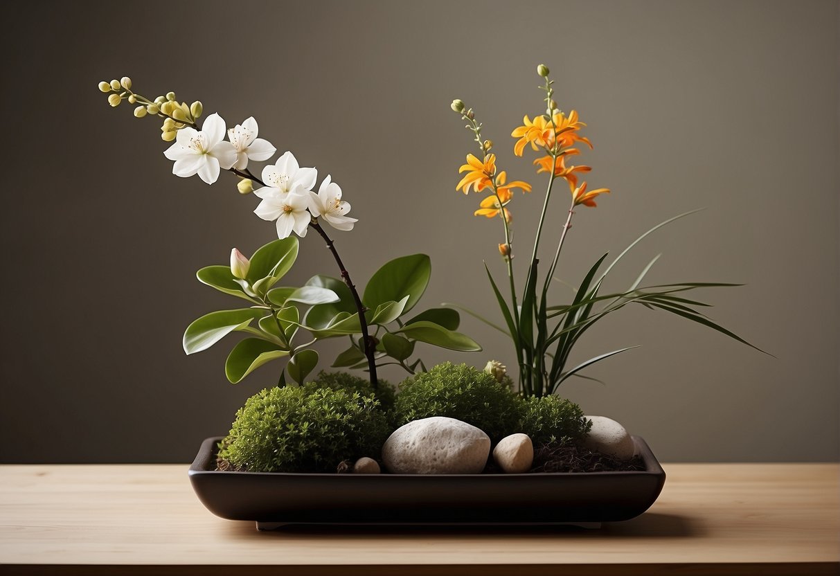 A traditional ikebana arrangement with minimal, asymmetrical composition and a modern jiyuka arrangement with free-form, naturalistic style