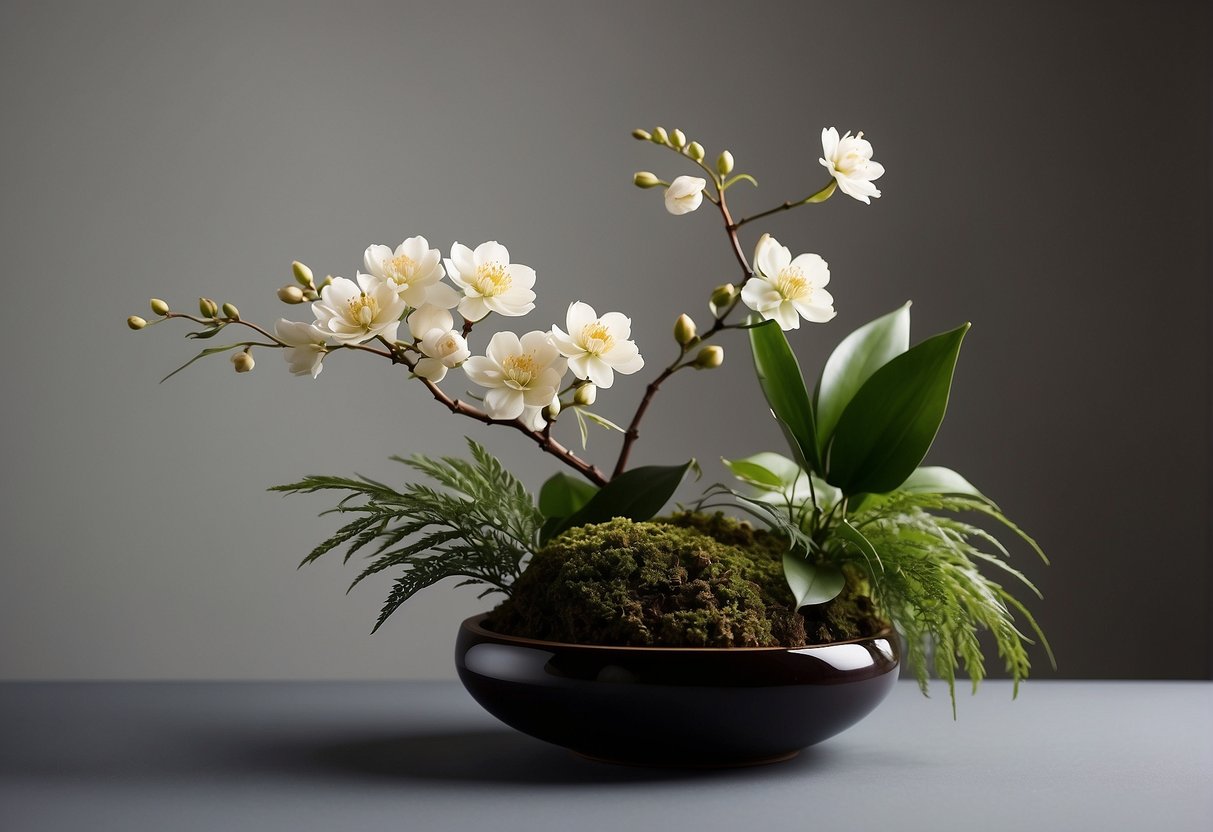 Japanese floral design: Ikebana (formal, structured) and Moribana (informal, natural) styles. Use of minimalistic, asymmetrical arrangements. Traditional materials like bamboo, leaves, and flowers