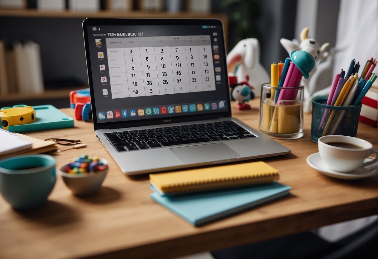 A laptop on a cluttered desk, surrounded by children's toys. A calendar with work and family schedules hangs on the wall. A coffee mug and a notepad with a to-do list sit nearby