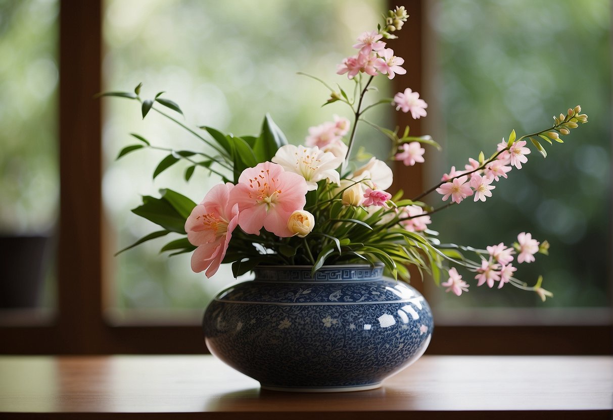 A traditional Japanese floral arrangement showcasing two styles: Moribana and Nageire. The Moribana style features a low, wide vase with a shallow depth, while the Nageire style uses a tall, narrow vase with a deep depth