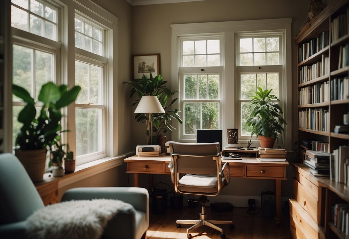 A cozy home office with a desk, computer, and comfortable chair. A shelf filled with books and plants. Natural light coming in through a window