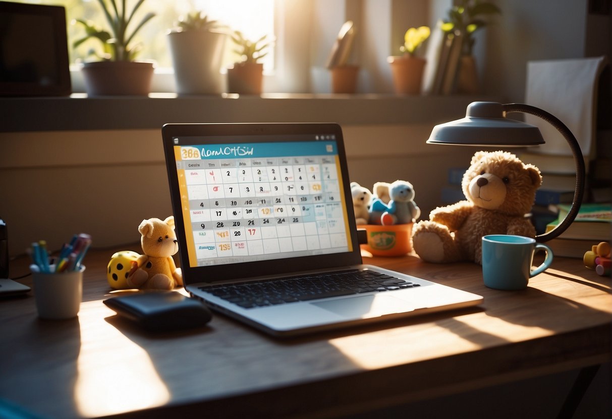 A cluttered desk with a laptop, calendar, and children's toys. Sunlight streams through the window, casting a warm glow on the workspace