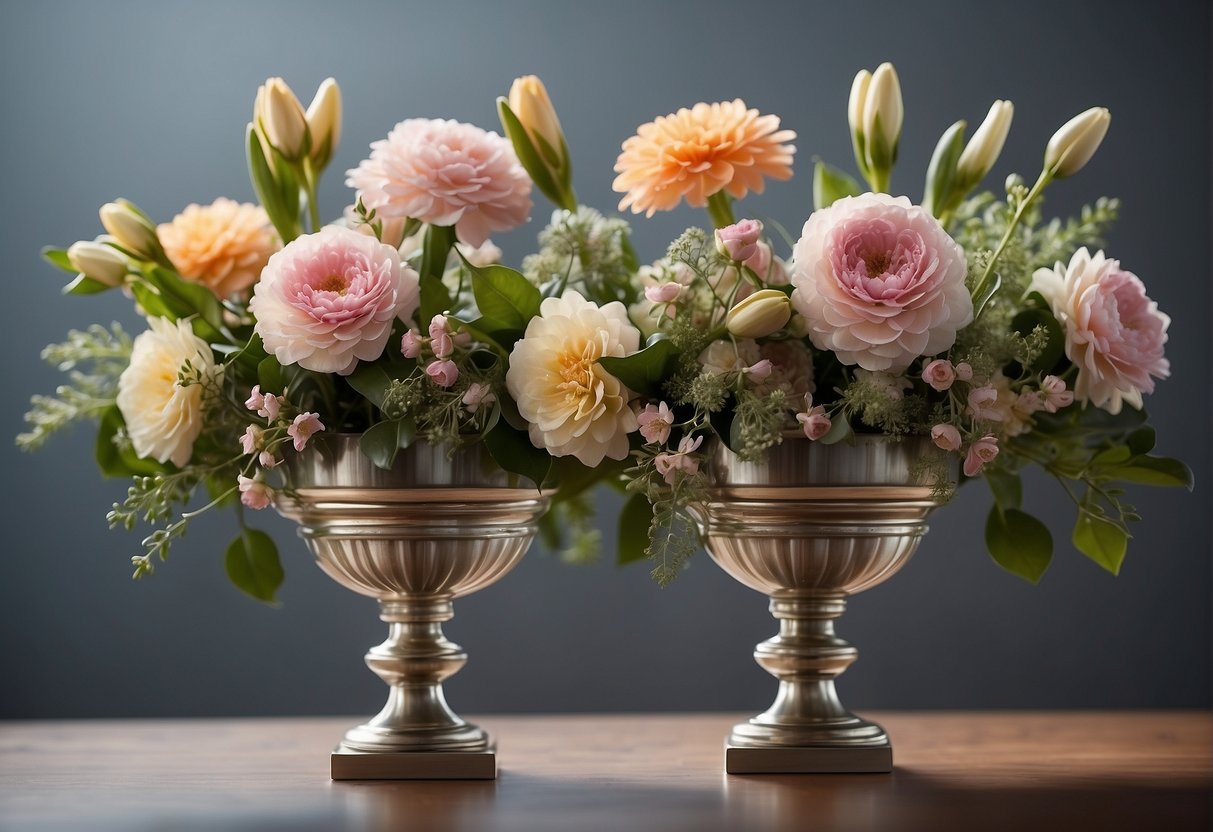 A floral arrangement with symmetrical balance, featuring identical blooms mirrored on either side of a central axis, creating a sense of equilibrium and stability