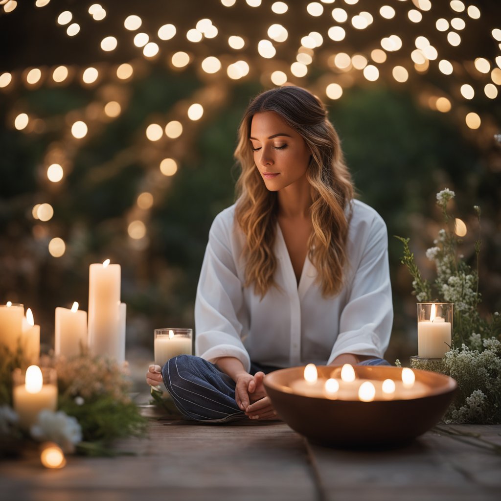 A circle of candles surrounds a bowl of water, herbs, and flowers, as a woman sits in quiet meditation, surrounded by soft, calming music