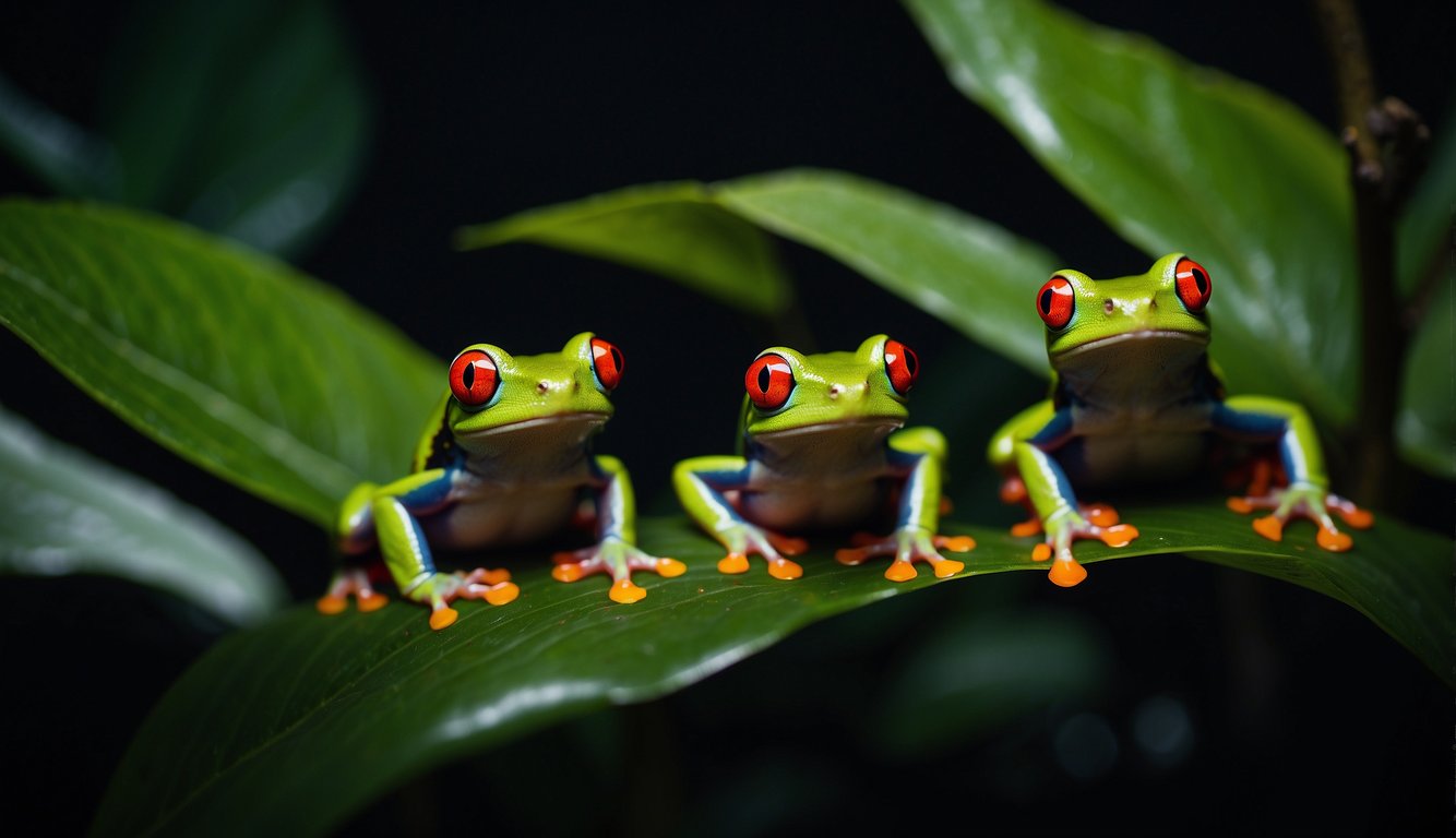 Red-eyed tree frogs cling to lush green leaves, their bright red eyes standing out against the dark night.

The moonlight illuminates their vibrant colors as they watch over the rainforest