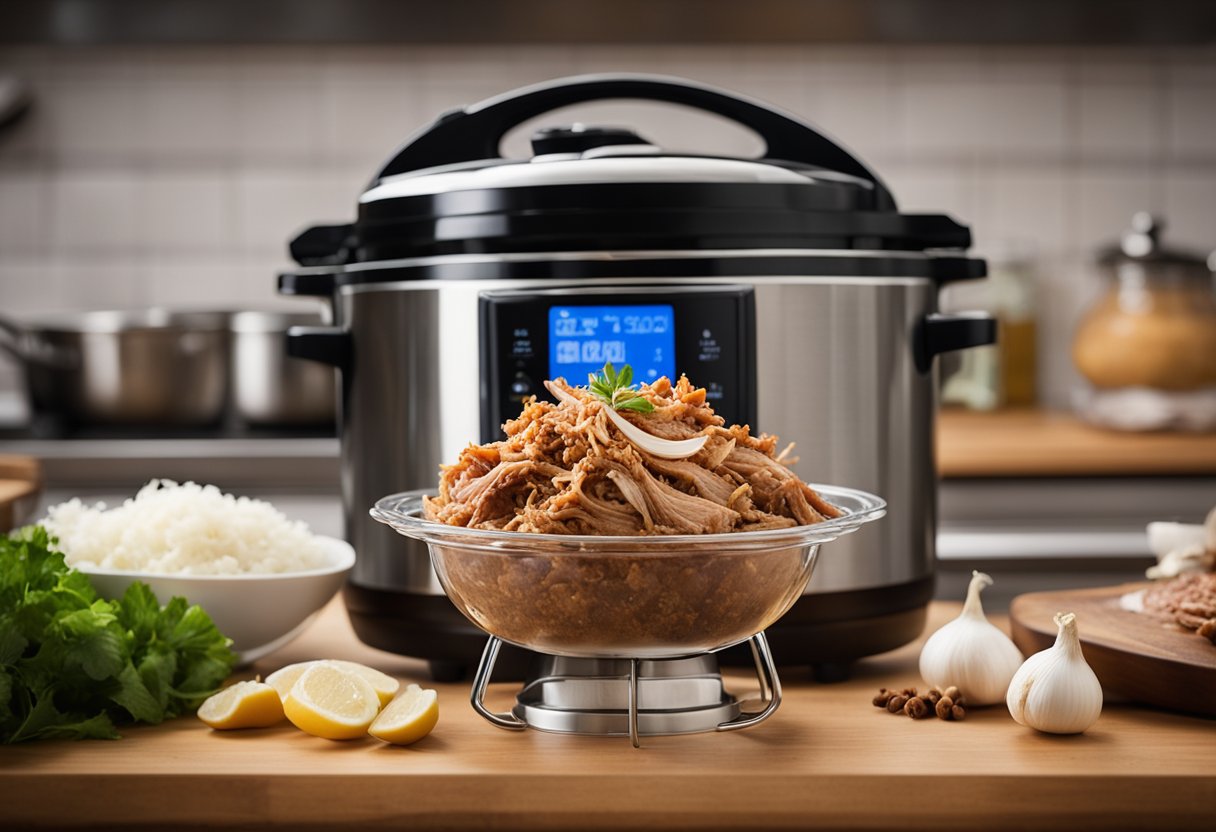 A slow cooker sits on a kitchen counter, filled with tender pulled pork, surrounded by ingredients like onions, garlic, and spices. The aroma of the savory dish fills the air
