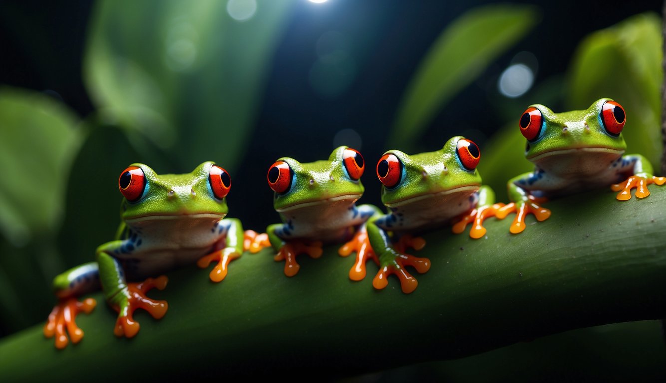 A group of red-eyed tree frogs cling to lush green leaves, their vibrant red eyes glistening in the moonlight.

The frogs are perched in various positions, some resting while others appear to be in mid-leap
