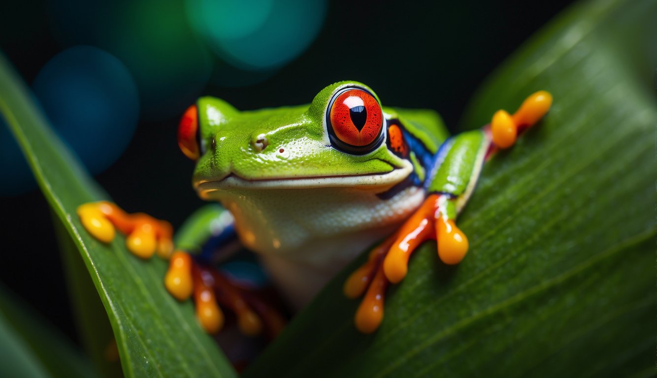 A red-eyed tree frog perches on a vibrant green leaf, its bright red eyes staring out into the night.

The moonlight illuminates the frog's colorful body as it blends into the lush rainforest backdrop