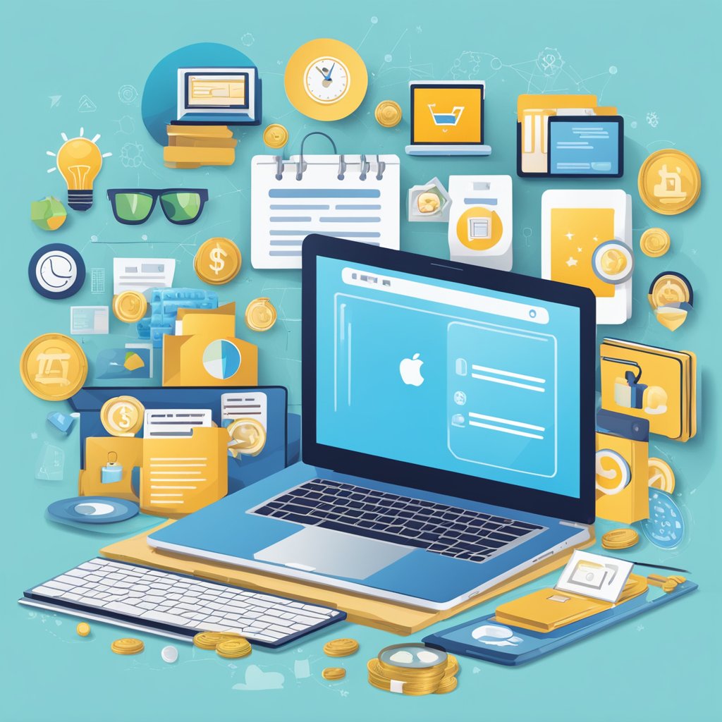 A laptop surrounded by various icons representing different ways to make money online, such as freelance writing, e-commerce, and digital marketing