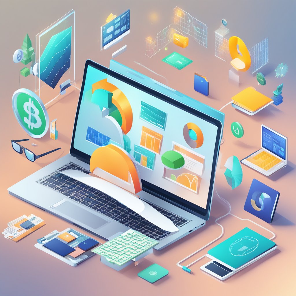 A laptop surrounded by various digital business tools and resources, with money symbols and charts floating above it