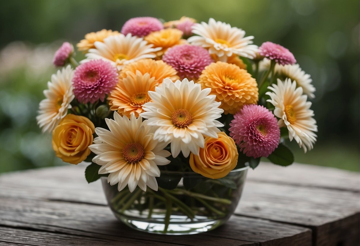 A symmetrical arrangement of flowers with equal visual weight on both sides. The use of color, shape, and size creates a harmonious and balanced composition