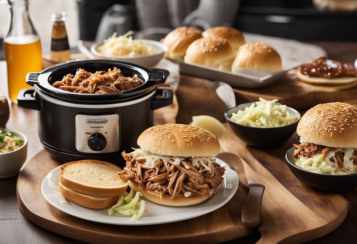 A table set with a slow cooker filled with juicy pulled pork, surrounded by fresh buns, coleslaw, and BBQ sauce