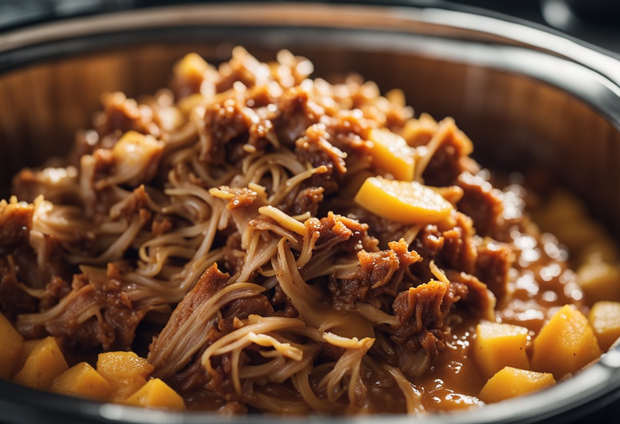 Pulled pork in a slow cooker, covered in savory sauce, being stored in a refrigerator and then reheated in a microwave