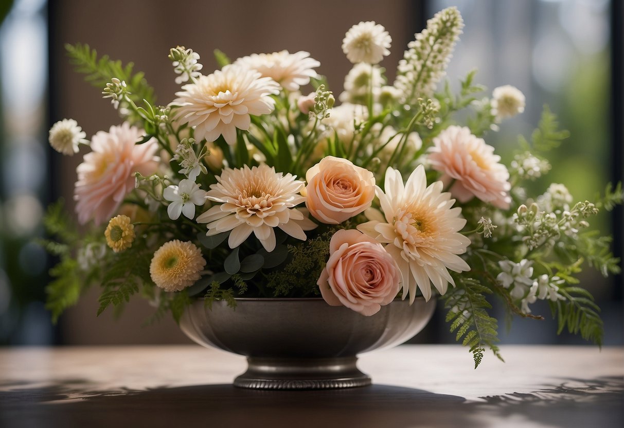 A floral arrangement with symmetrical and asymmetrical balance, using both formal and informal balance techniques
