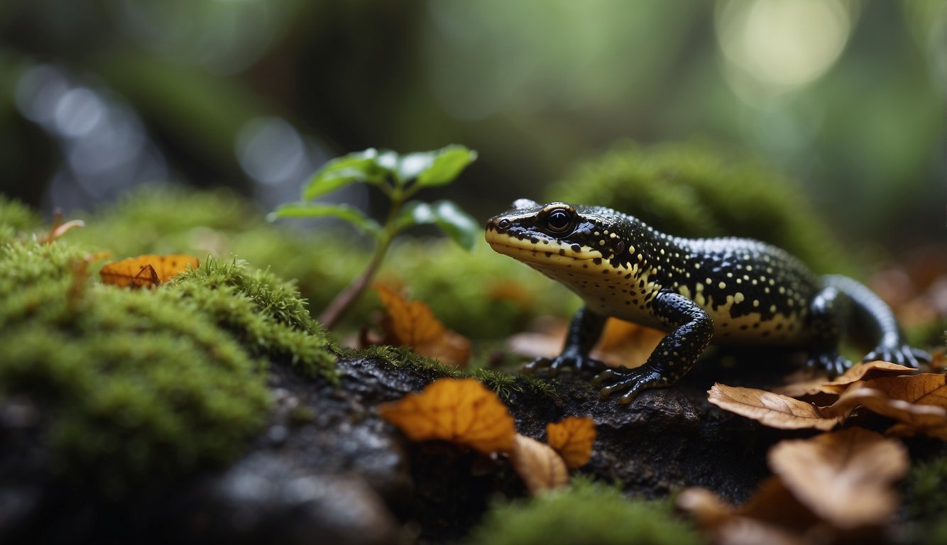 A salamander gracefully navigates through a lush, damp forest floor, its slender body moving with ease among fallen leaves and moss-covered rocks