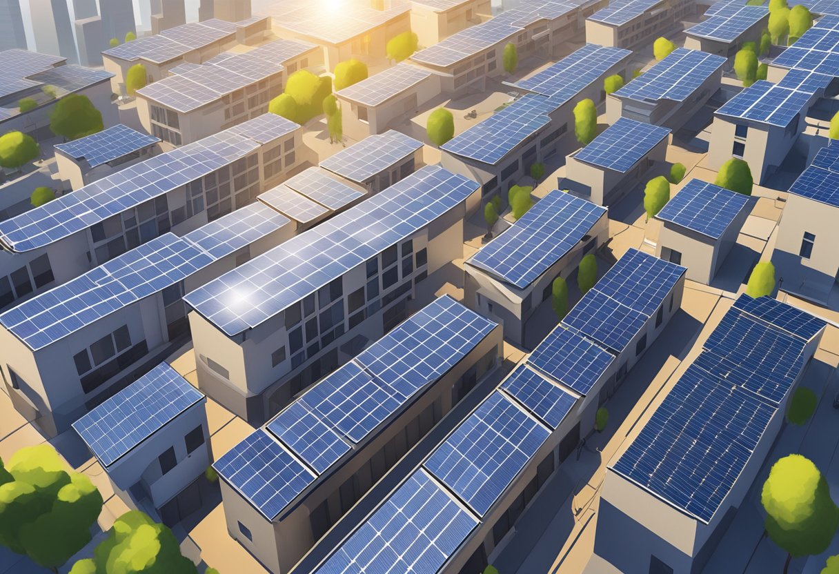 Solar panels on rooftops in a bustling city, with sunlight gleaming off the panels and powering nearby buildings
