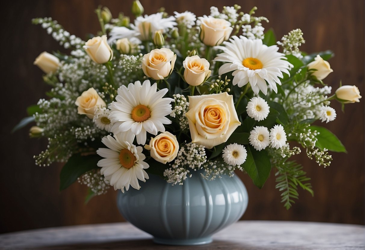 A vase with a symmetrical arrangement of roses and lilies. A wreath with a mix of foliage and daisies