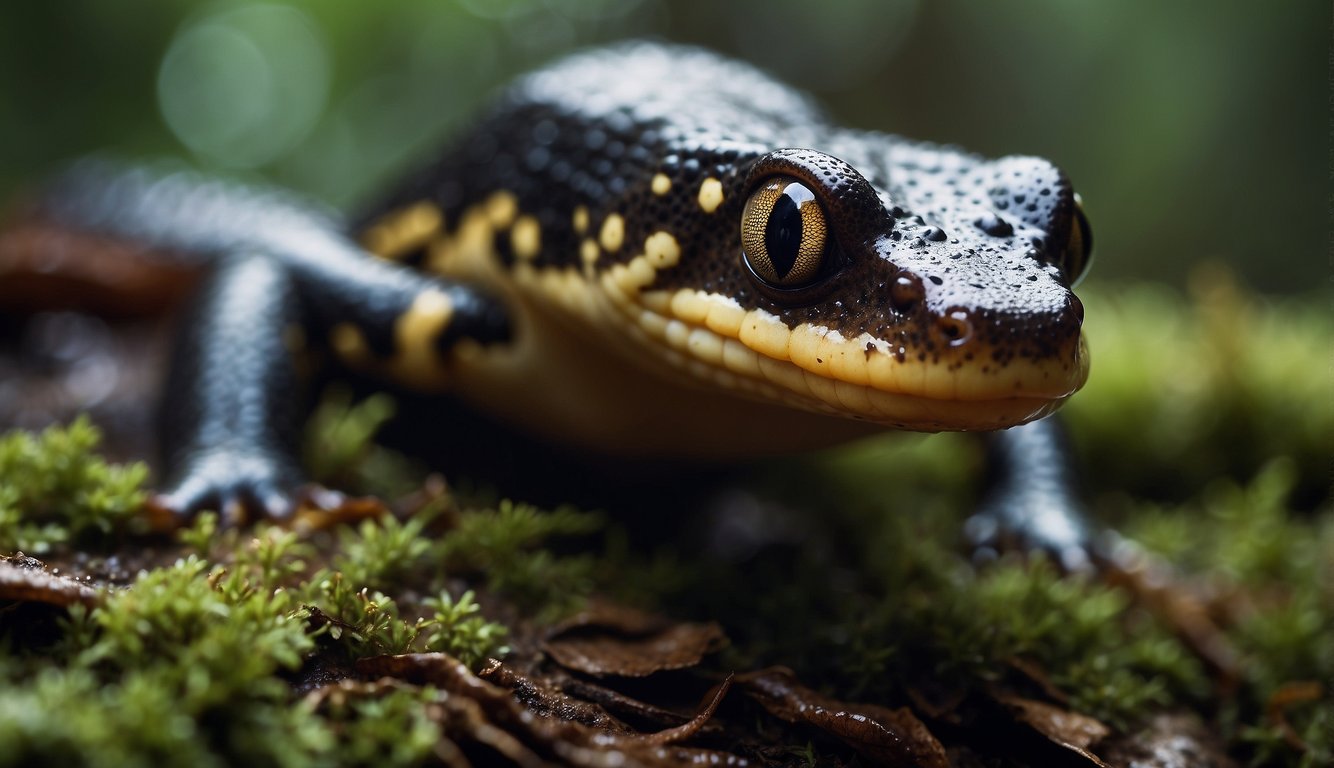 A salamander slithers through a damp forest floor, its sleek body blending with the earth.

It pauses to snatch a passing insect with lightning speed, showcasing its remarkable survival instincts