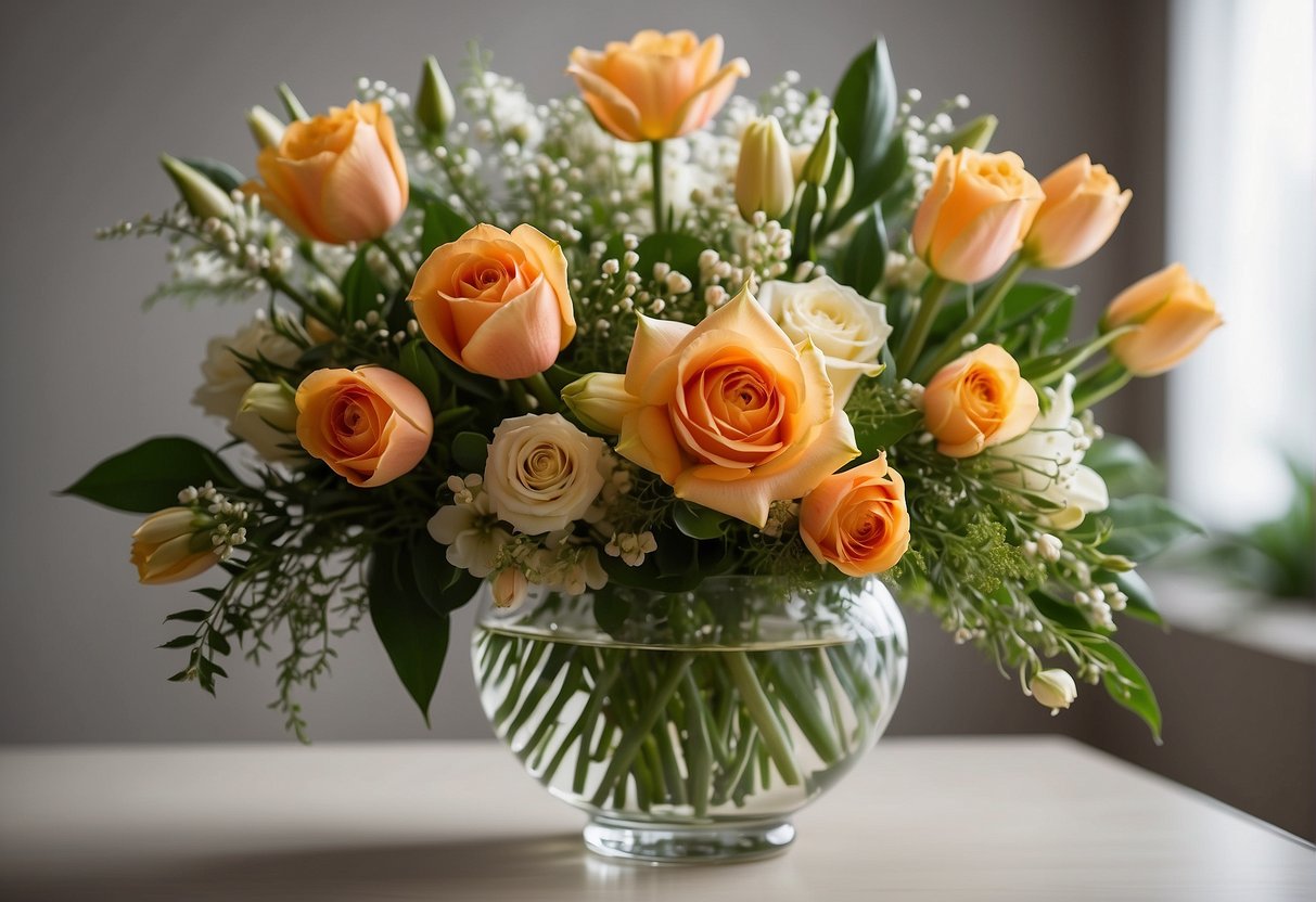 A vase filled with symmetrical, round arrangements of roses and tulips. A second arrangement features a cascading design of lilies and greenery
