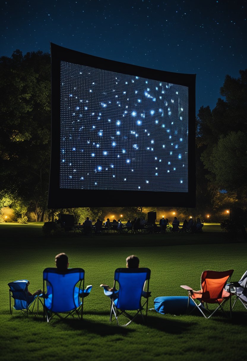 A large outdoor screen glows in the dark, surrounded by blankets and lawn chairs. Families gather under the stars for a movie night in Waco