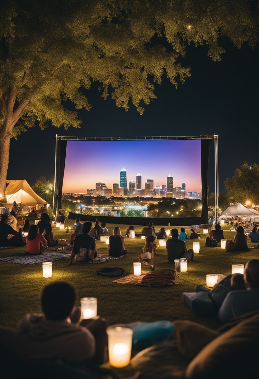 Families gather on blankets under the stars, surrounded by twinkling lights and cozy seating. A large screen is set up, with the Waco skyline as the backdrop for an outdoor movie night