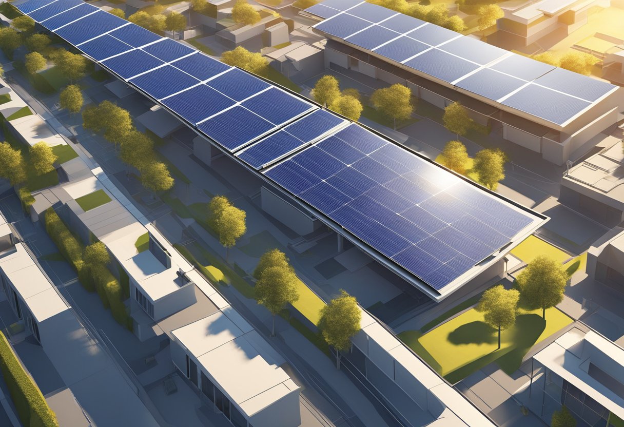Solar panels on city rooftops, capturing sunlight. Clean energy powers buildings, reducing urban pollution