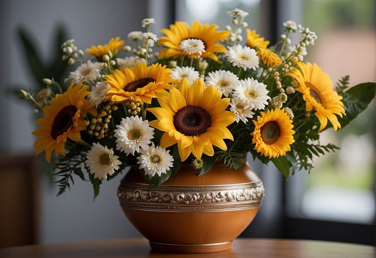 A vase with a symmetrical arrangement of roses and lilies, and a wild, organic arrangement of sunflowers and daisies