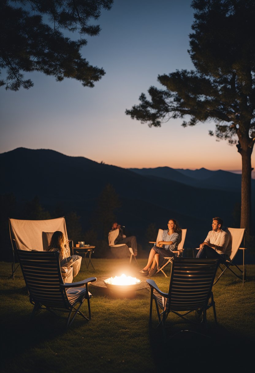 A large screen glows in the dusk, surrounded by blankets and chairs. Families and friends gather under the stars, enjoying snacks and drinks as they watch a movie outdoors