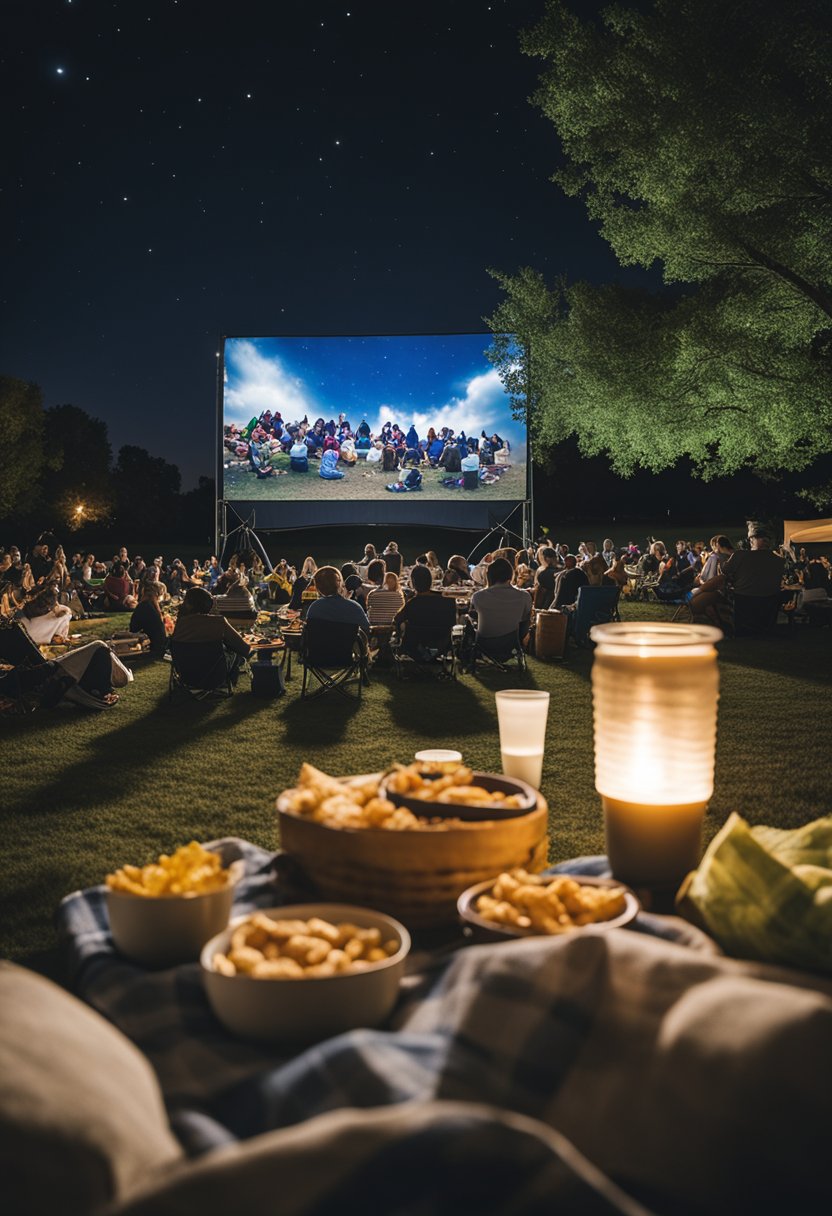A picnic blanket with snacks and drinks set up under the stars, surrounded by a crowd watching a movie on a large outdoor screen in Waco