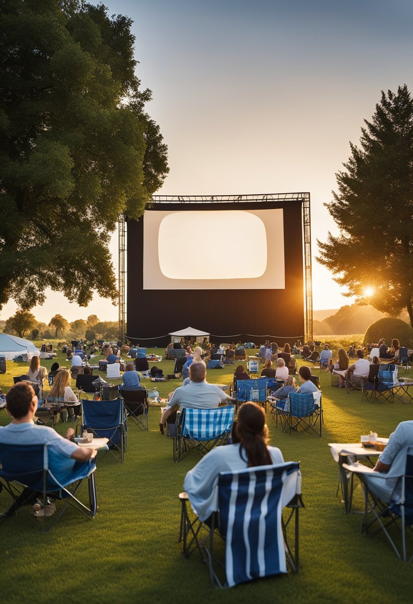A large outdoor screen is set up in a grassy park with rows of chairs and blankets. People gather with picnic baskets and coolers as the sun sets, ready for a night of movie magic under the stars