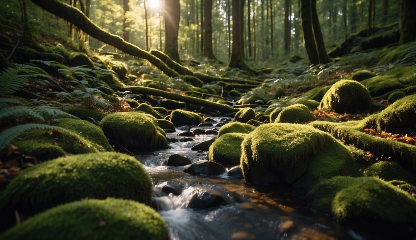 A dense forest floor with fallen leaves and moss-covered rocks.

A small stream winds through the scene, surrounded by ferns and tall grasses. Sunlight filters through the canopy, casting dappled shadows on the ground