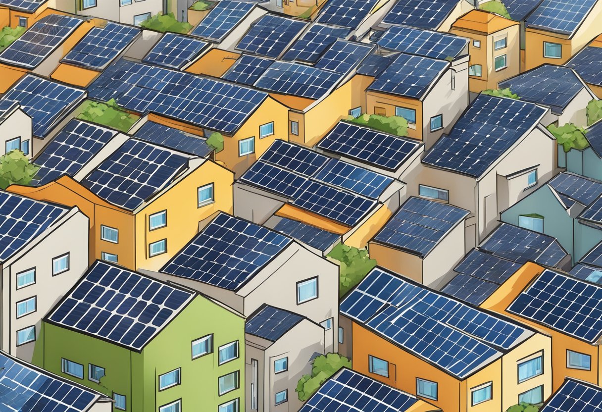 Solar panels on rooftops in a bustling city, reducing energy costs and environmental impact