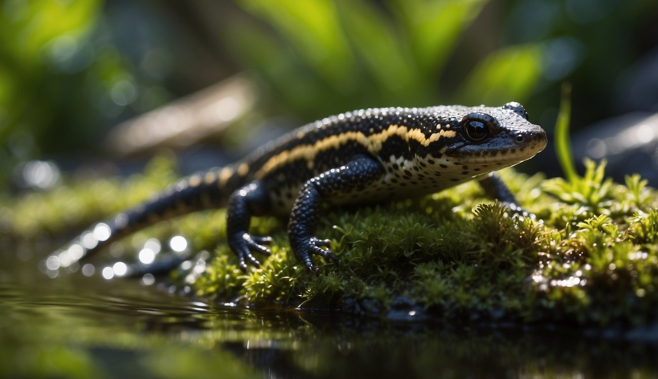 A salamander gracefully glides through a lush, watery habitat, its slender body weaving through aquatic plants and shimmering in the dappled sunlight